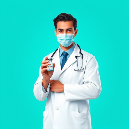Create a vector illustration of a doctor in a lab coat holding a vaccine vial and a syringe against a turquoise background, using a digital art style with high resolution, 300 DPI, and a soft focus effect to enhance image quality.