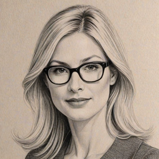 Stunning Kelly Rutherford, pencil sketch, portrait of Charming woman 1978s in glasses, hair style beatnik, outline, clear lines, fine lines, 8k