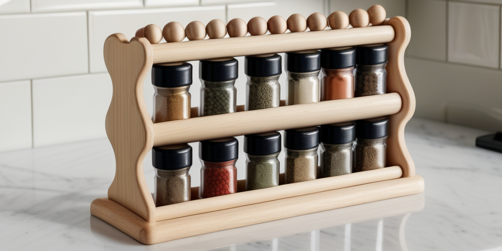 wooden spice rack with spices