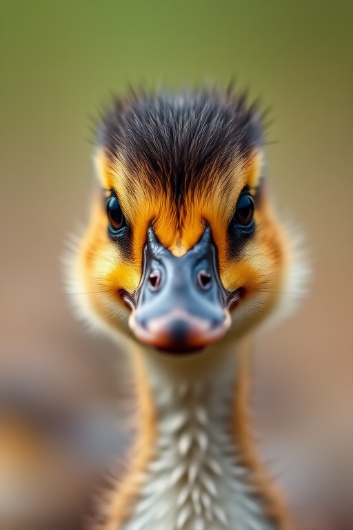 Close-up portrait of a duckling with a sharp focus on its face, soft bokeh background, natural lighting, ISO 200, aperture f/2.8, shutter speed 1/100, DSLR camera, 85mm lens, macro style photography.
