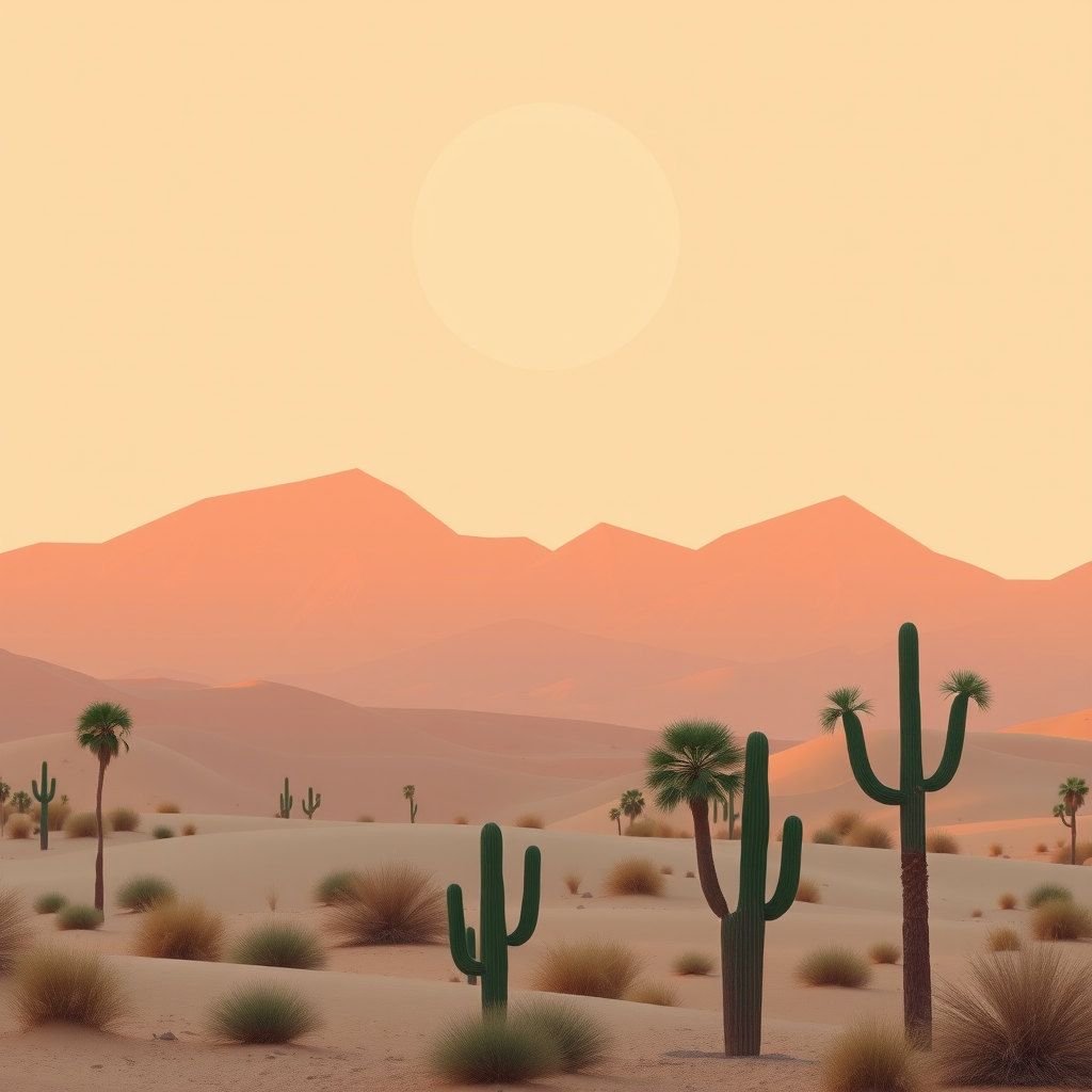 Generate a minimalist desert landscape with soft pastel tones, featuring stylized mountains in warm earth tones, a large sun overhead, and simple palm trees and cacti in the foreground, captured with a DSLR camera, 50mm lens, f/2.8 aperture, ISO 100, in natural light for enhanced color saturation and clarity.
