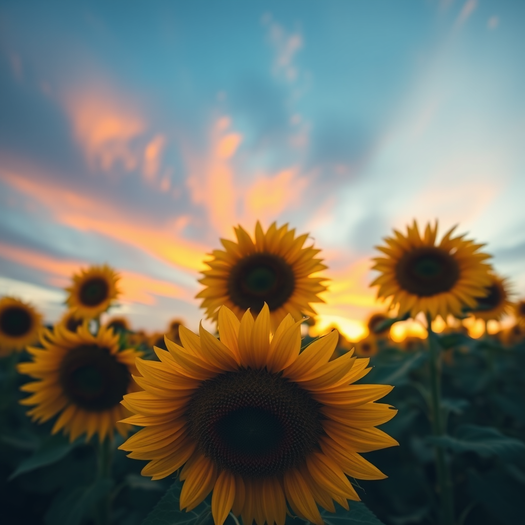 sunflower field at sunset with vibrant colors in the sky, close-up of sunflowers in the foreground, shallow depth of field, soft focus background, camera settings: ISO 100, f/2.8, 1/250s, camera view: wide angle, camera style: landscape photography, camera type: DSLR