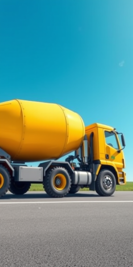Create a vibrant digital illustration of a cartoon-style cement truck with a large yellow concrete drum, set against a bright blue sky, with a simple gray road beneath it, using a wide-angle lens at f/8 aperture, ISO 100, and a soft shadow for depth.