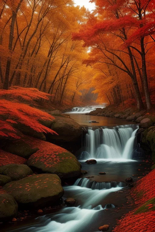 Tranquil Autumn Scene with a Flowing Stream Surrounded by Vibrant Red ...