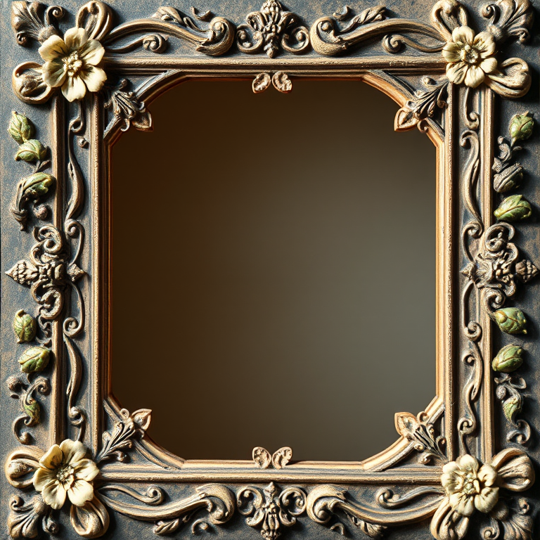 Create a detailed ornate frame with intricate floral designs and vine elements, captured using a DSLR camera with a 50mm lens, f/2.8 aperture, ISO 100, natural daylight, and a shallow depth of field for enhanced image quality.