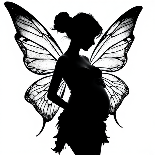 Regenerate a silhouette of a pregnant fairy with elaborate wings against a white background using a DSLR camera, 50mm lens, f/1.8 aperture, ISO 100, 1/200 shutter speed, side view, high contrast to enhance details and texture in the wings.