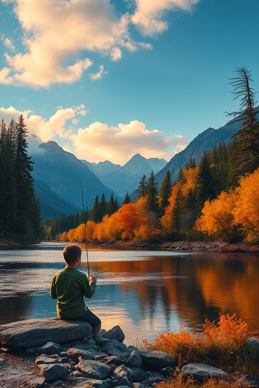 landscape of a boy fishing by a serene river surrounded by autumn trees and mountains in the background, vibrant colors, golden hour lighting, shot with a DSLR camera at f/8, 1/125s, ISO 200, wide-angle lens 24mm, high dynamic range to enhance details and colors