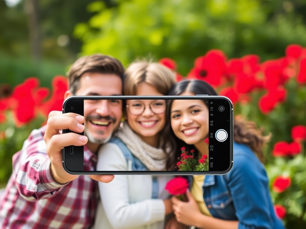 Capture a warm family moment outdoors with a smartphone, using a shallow depth of field to blur the vibrant red flowers in the background, set the aperture to f/2.8, ISO 100, shutter speed 1/200s, in portrait mode with soft natural lighting for a bright and cheerful atmosphere.