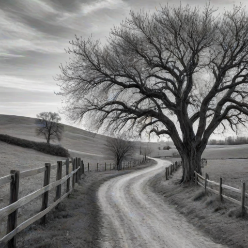 a black and white landscape featuring a large, bare tree at the end of a winding dirt path surrounded by a wooden fence and sparse vegetation in a serene rural setting