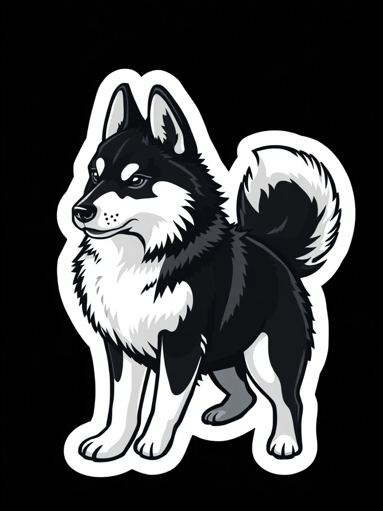 generate sticker, 3D black and white yakutian laika dog breed, black background