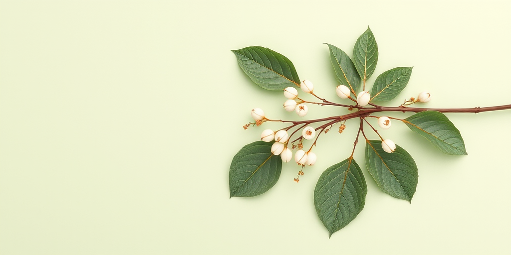 Create a clean and minimalist illustration of delicate leaves and white berries on a soft green background, captured with a DSLR camera at f/2.8, ISO 100, and a 50mm lens, using a flat lay perspective to enhance detail and texture in the image.