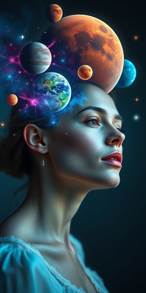 Create an ethereal portrait of a woman with cosmic elements emerging from her head, featuring vibrant planets and galaxies in the background, shot with a Canon EOS R5 at f/1.4, ISO 100, 50mm lens, natural soft lighting, a low-angle view to emphasize the celestial scene, and a shallow depth of field for a dreamy effect.