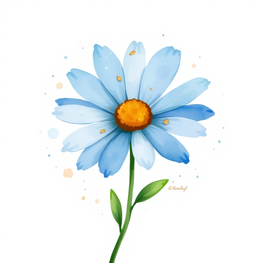A single blue daisy flower in a loose, whimsical watercolor style. The petals are unevenly spread, with soft blue and brown tones. The stem is thin and slightly curved, with two green leaves, while watercolor splatters create an organic, artistic effect around the flower. The background is light beige with natural watercolor textures and splashes.