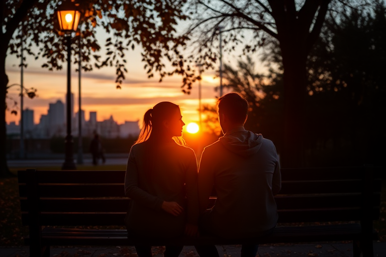 Low-light, intimate photo of a couple sitting together on a park bench at sunset, softly lit by a nearby streetlamp, leaves gently falling around them, their hands intertwined, shadows from the trees surrounding them, a distant city skyline barely visible on the horizon.