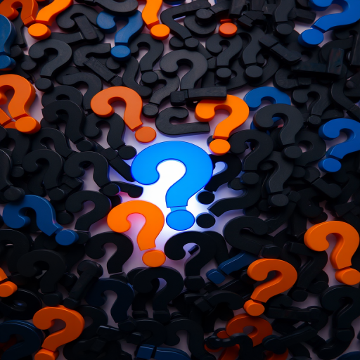 create a high-resolution image of a chaotic arrangement of question marks in various shades of black, with distinct blue and orange question marks illuminated from below, captured with a DSLR camera at f/8, ISO 100, 50mm lens, soft focus background, top-down view with studio lighting