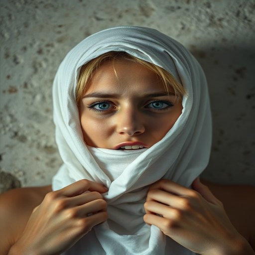 Create a close-up photographic image of a Armenian woman with light skin tones shown against an old, worn wall. Their head is wrapped in a white cloth covering (i.e.... parts of the head except the nose and mouth, which are open as if they are screaming...), with a slight texture and visible folds in the fabric. Thin strands of blonde hair escape from the wrapping above, falling lightly at the top and sides. Their hands hold the fabric as if they are tugging nervously. The lighting is dramatic and even, casting strong shadows. The image has a minimalist and surreal style with an emphasis on simplicity with soft color tones. The composition is centered.