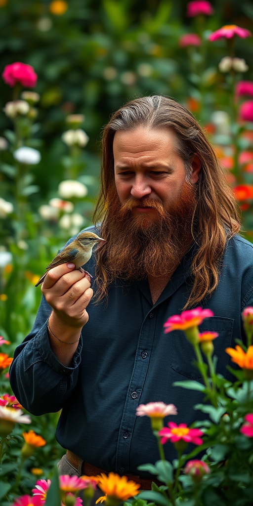 Create an image of a kind-looking man with long hair and a beard gently holding a small bird in a lush garden filled with vibrant flowers and greenery, captured in soft natural light with a Canon EOS R5, using a 50mm f/1.2 lens, in portrait mode with an aperture of f/2.8 for a shallow depth of field.