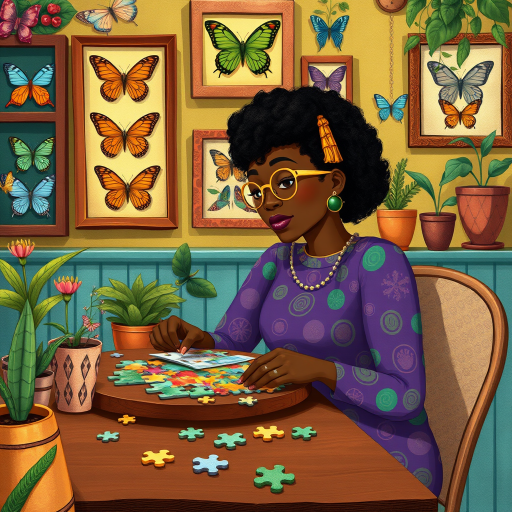 A vibrant and whimsical illustration of an african american woman sitting at a table working on a colorful jigsaw puzzle. she is wearing round glasses, and patterned clothing in shades of purple and green.  The background features an eclectic collection of framed butterflies, potted plants, and other natural elements, creating a warm and inviting atmosphere. The style is playful and modern, with rich textures, intricate details, and a lively color palette.