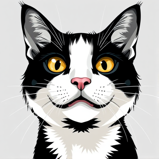 Create a high-resolution vector illustration of a stylized cat with exaggerated features, using vibrant black and white colors, captured from a close-up angle with a DSLR camera at f/4, ISO 100, and a 50mm lens, in a modern, minimalist artistic style.