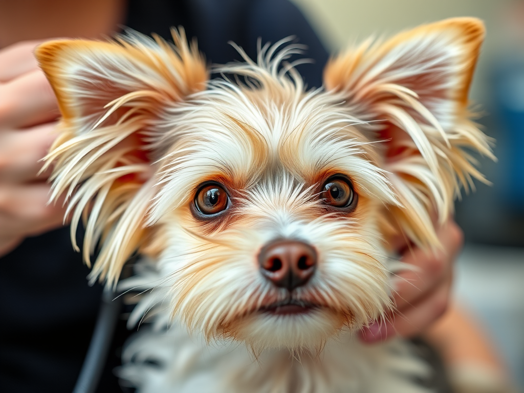 A close-up shot of a small dog being groomed, showcasing the detail of its fur and expression, with natural lighting, shutter speed 1/250s, aperture f/2.8, ISO 200, DSLR camera, macro lens.