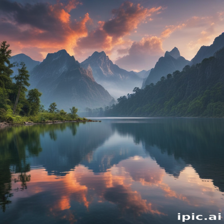 Majestic Mountain Landscape at Sunset with Reflective Calm Lake Waters