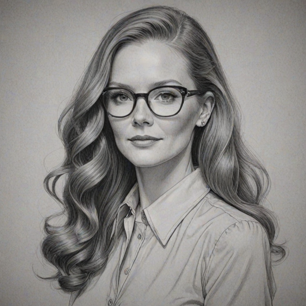 Ravishing Darby Stanchfield, pencil sketch, portrait of Stunning woman 1940s in glasses, hair style beatnik, outline, clear lines, fine lines, 8k