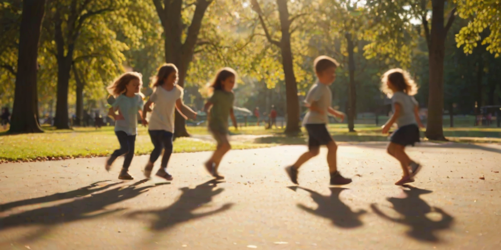 Blurry candid shot of a group of children playing in a sunlit park, with soft golden light casting long shadows on the playground and trees softly swaying in the background.