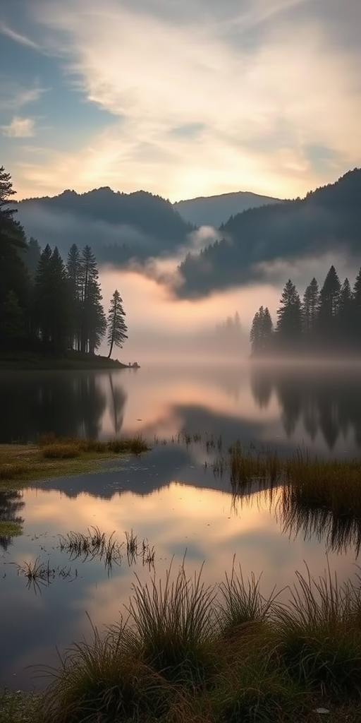 Create a high-resolution image of a serene landscape at sunrise with soft mist rising from a calm lake, use a Canon EOS R5, 35mm lens, f/8 aperture, ISO 100, 1/125s shutter speed, wide-angle view to capture the expansive scene and detail in the background.