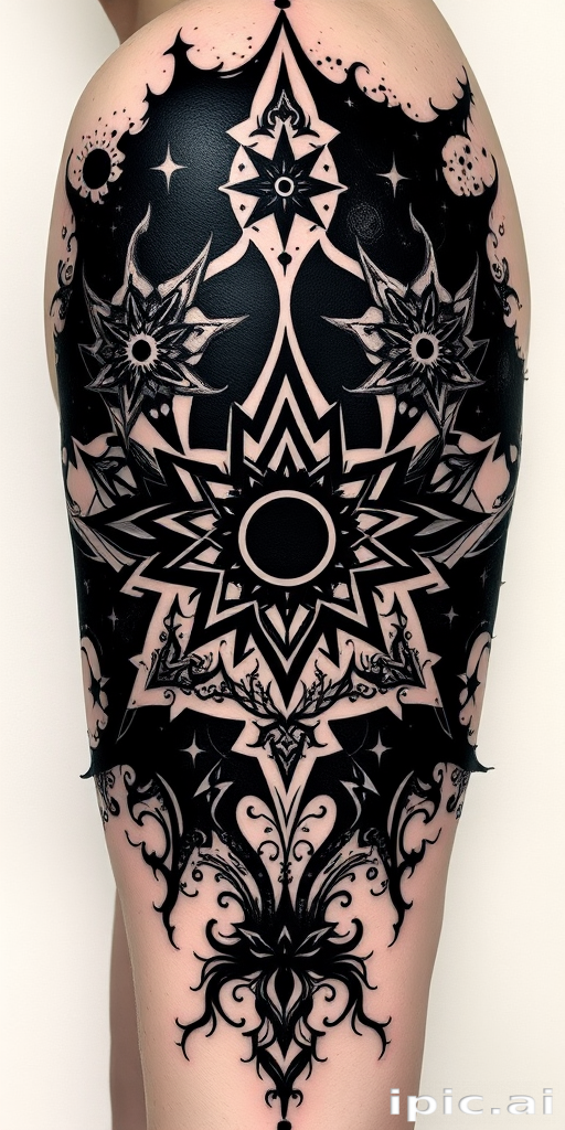Blackout negative space tattoo named "Cosmic Void" featuring large areas of solid black ink with intricate designs carved out to reveal skin, creating a striking contrast