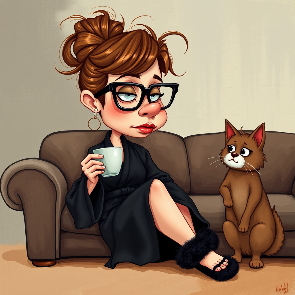 An exaggerated whimsical illustration of a cute silly lady with unruly messy brown bun and black glasses pouty lips and a thinking expression. Shes sitting on the couch, legs folded wearing a black silk robe, black fuzzy slippers. She’s holding her coffee cup and making a deep-in-thought face.  A quirky scruffy cat (dog) looking at her against a mottled, oil painting style soft background living room setting.