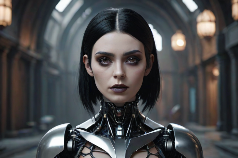 cgi render front view portrait of a black haired goth robot woman in a utopian world