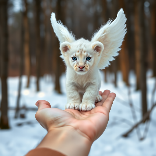 A small, white lion cub with angelic wings standing on a human hand. The cub has a soft, fluffy texture with detailed fur, expressive blue eyes, and a curious expression. The wings are large and feathery, blending seamlessly with its fur, giving an ethereal appearance. The background is a winter forest, with the ground covered in snow and blurred brown trees, creating a serene atmosphere. The human hand in the foreground is positioned palm-up, supporting the lion cub gently, fingers slightly curled. The lighting is soft and diffused, enhancing the tender and magical feel of the scene. Colors are predominantly neutral with white, cream, and soft browns, contrasting with the subtle blue of the lion cub's eyes. The overall composition is balanced, with the cub at the center, creating a focal point that draws the viewer's attention immediately.