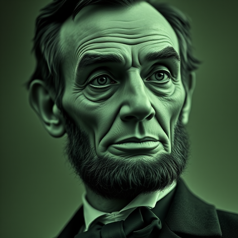 Create a detailed portrait of Abraham Lincoln in a green monochrome style, using a 50mm lens at f/1.8, ISO 100, with natural lighting, shot from a slight angle to highlight facial features, ensuring a sharp focus on the subject with a soft blurred background.