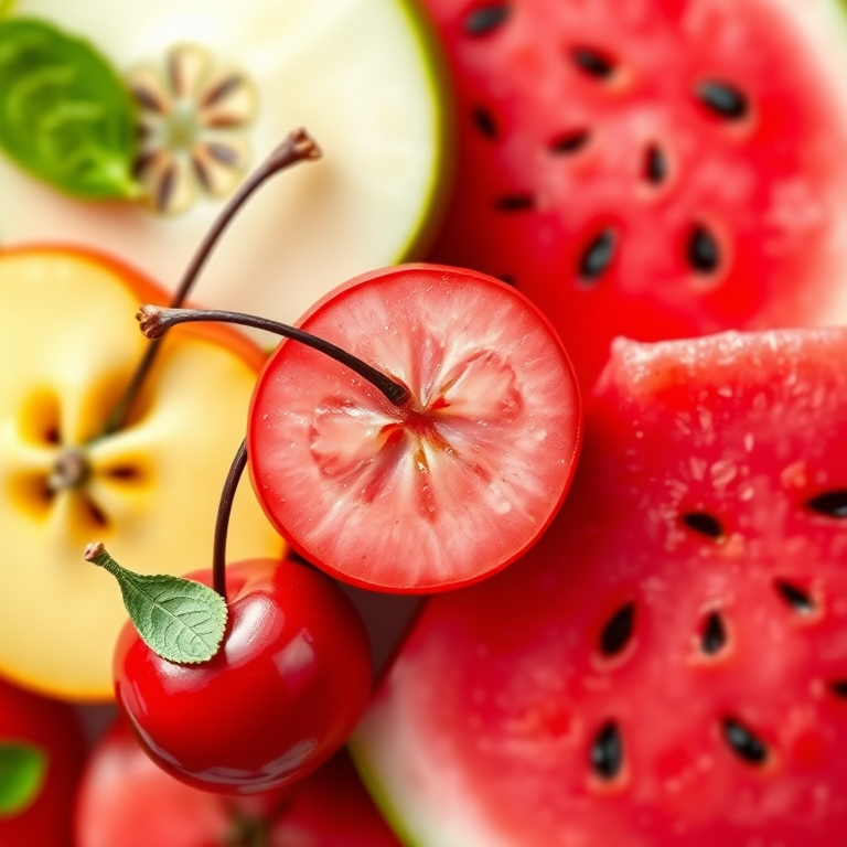 Create a vibrant and colorful illustration of cartoon-style fruits including a cherry, apple, and watermelon slices, using a high-resolution digital drawing technique, with a soft focus effect, shot from a top-down view, employing a Canon EOS R5 with a 50mm f/1.2 lens, aperture set to f/4 for depth of field, and ISO 100 for enhanced clarity and color saturation.