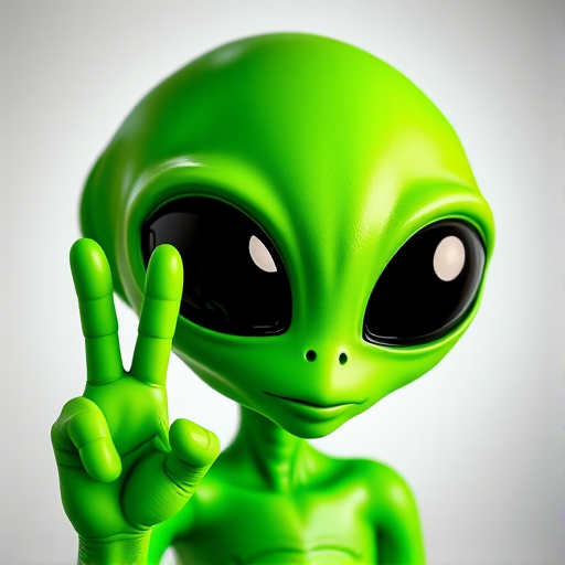 Create a high-resolution digital illustration of a green alien character with large black eyes and a peace sign gesture, using a wide-angle lens, f/2.8 aperture, ISO 100, in a bright, well-lit studio setting, captured with a DSLR camera for enhanced details.