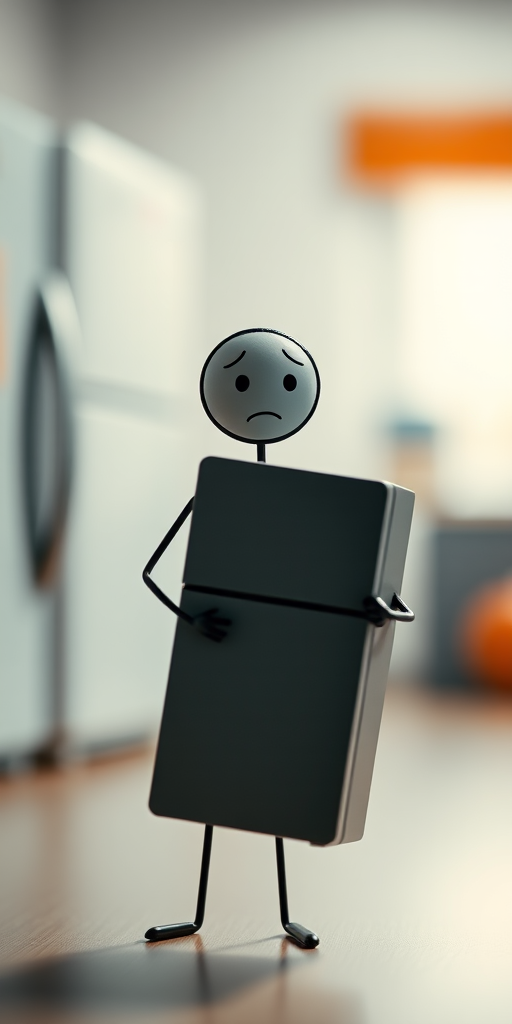 A stick figure with a worried expression holding a refrigerator, high-resolution, f/2.8 aperture, ISO 100, 50mm lens, focused on the figure with a blurred background.