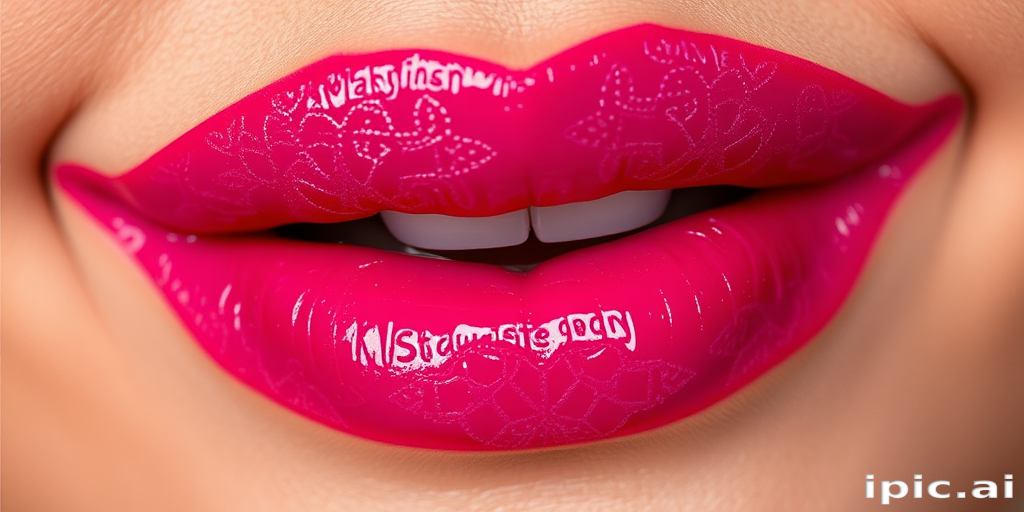 Bright fuchsia lips with intricate lace patterns, dubbed "Raspberry Rendezvous," make a bold statement with a glossy finish and subtle shimmer for romantic date nights