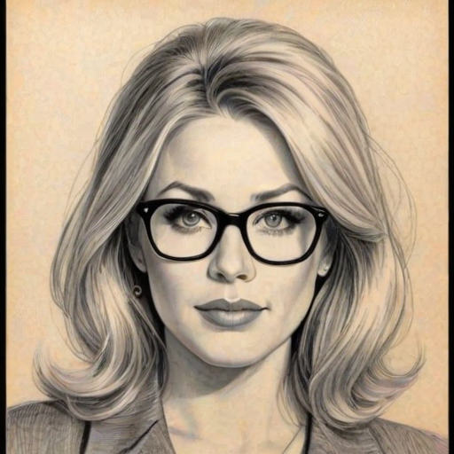 Appealing Christina Applegate, pencil sketch, portrait of Fetching woman 1960s in glasses, hair style beatnik, outline, clear lines, fine lines, 8k