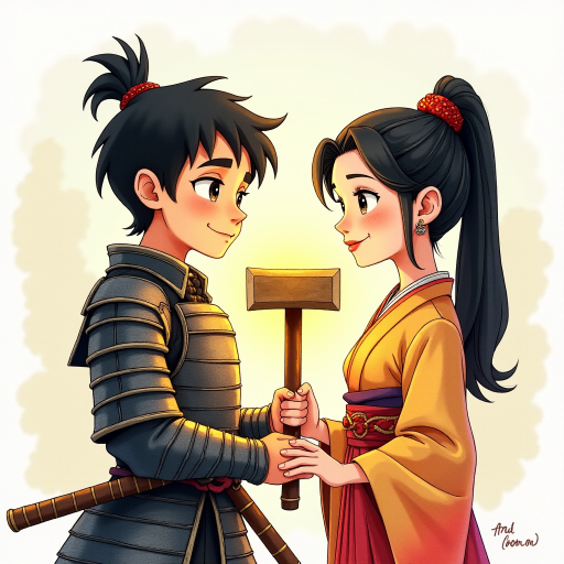 A watercolor and ink-painted, detailed line drawing of a young samurai in armor with black hair, clean-shaven, big eyes, and a large smile, standing next to a beautiful woman in a kimono. Both are holding the shaft of a warhammer together, with the head of the warhammer now adjusted to the proper size. They are the same height and look at each other with affection. The samurai is glowing with a yellowish aura, radiating warmth. The scene has a whimsical, adventurous feel in a Disney-Pixar aesthetic, with soft watercolor tones, intricate ink details, and a magical, cinematic atmosphere