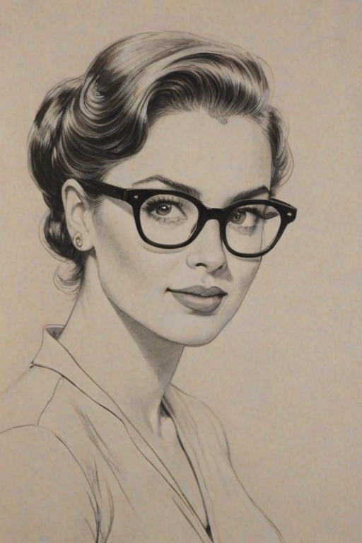 Splendid Charley Koontz, pencil sketch, portrait of Stunning woman 1954s in glasses, hair style beatnik, outline, clear lines, fine lines, 8k