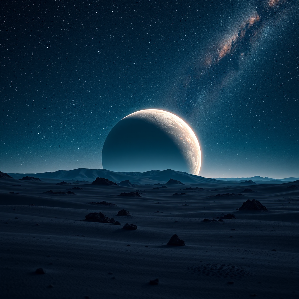 Create a high-resolution digital image of a distant planet viewed from an alien landscape, with a starry night sky featuring bright stars and nebulae, using a full-frame DSLR camera, 24mm lens, aperture f/8, ISO 100, and a long exposure of 30 seconds for enhanced detail and depth.