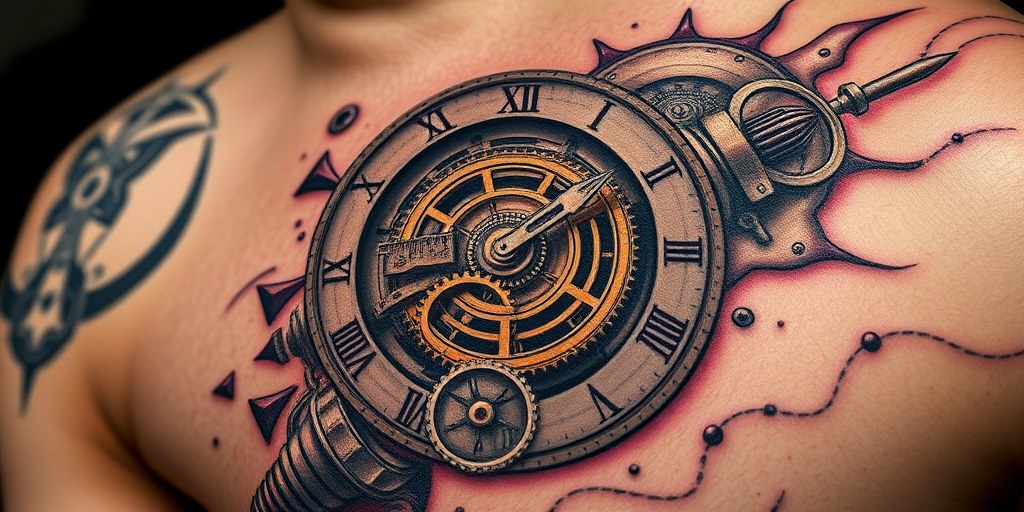 Realistic 3D tattoo titled "Steampunk Chronos" depicting a meticulously detailed mechanical clock with exposed gears cogs and springs seemingly embedded within the skin giving an illusionary depth