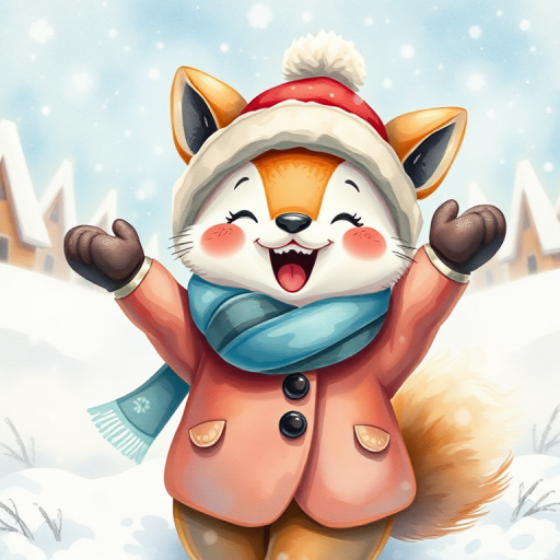 Create a whimsical illustration of a cute animal character wearing a cozy winter coat and hat, joyfully celebrating in a snowy landscape, using vibrant watercolors, with a soft focus and natural lighting, captured with a DSLR camera at f/4, ISO 200, and a 50mm lens for enhanced details.
