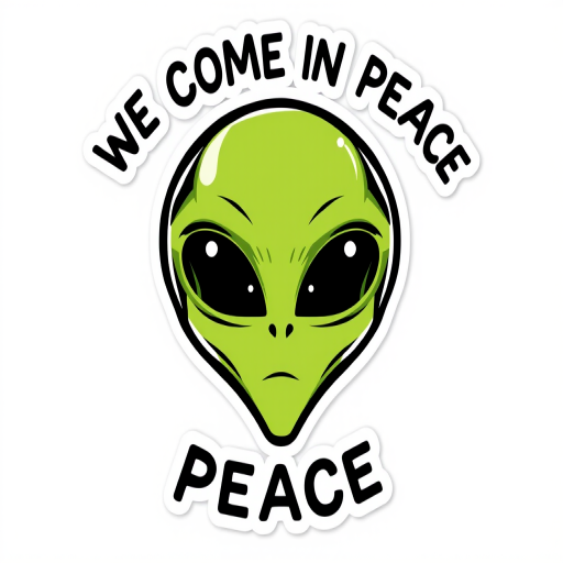 a vinyl sticker design of a cartoon green alien face with the words typed clearly "WE COME IN PEACE" above, bold outline, clear background
