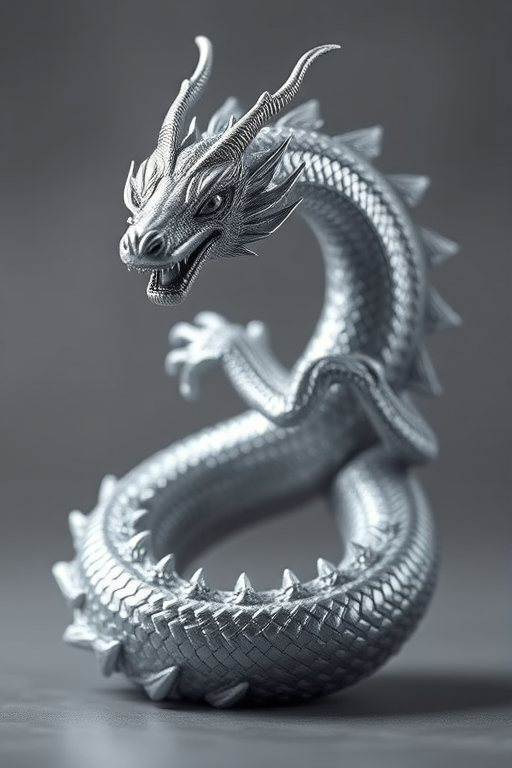 Create a highly detailed 3D rendering of a silver dragon in a curled position, captured using a Canon EOS R5 camera at 85mm focal length, f/1.4 aperture, ISO 100, in a soft diffused light environment with a shallow depth of field to enhance texture and detail.