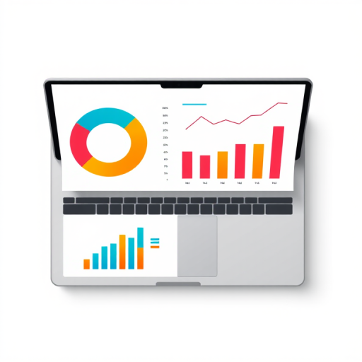 Create a high-quality vector illustration of a laptop displaying charts and graphs, with a colorful pie chart and bar graphs, using a clean and modern design style, shot from a top-down view with a Canon EOS R camera, f/2.8 aperture, ISO 100, and 50mm lens.