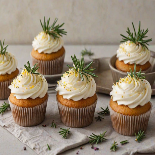 Generate an image of beautifully decorated cupcakes with creamy frosting. Each cupcake should be topped with a slice of dried lemon and a sprinkle of fresh rosemary. The background should be soft and neutral to highlight the cupcakes.