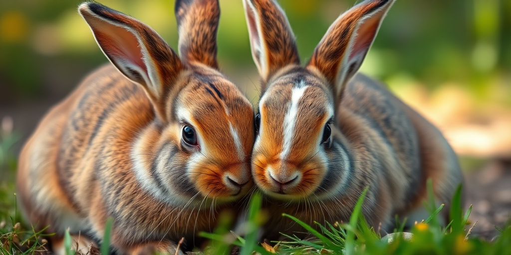 A close-up photograph of two rabbits cuddling in a natural outdoor setting, using a DSLR camera with a 50mm lens, aperture f/2.8, ISO 100, and shutter speed 1/500s to capture vibrant colors and soft focus on the background.