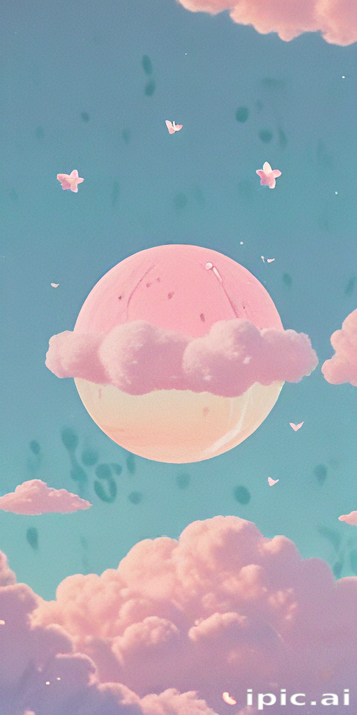 Whimsical Sky with a Pink Moon Surrounded by Soft, Fluffy Clouds