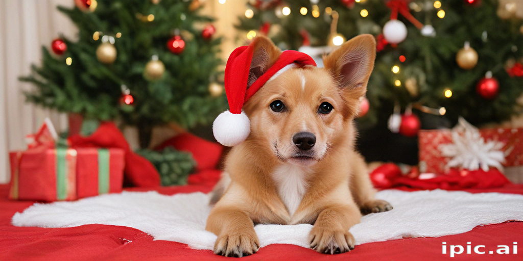 Adorable Puppy in Santa Hat Surrounded by Holiday Decorations and Gifts
